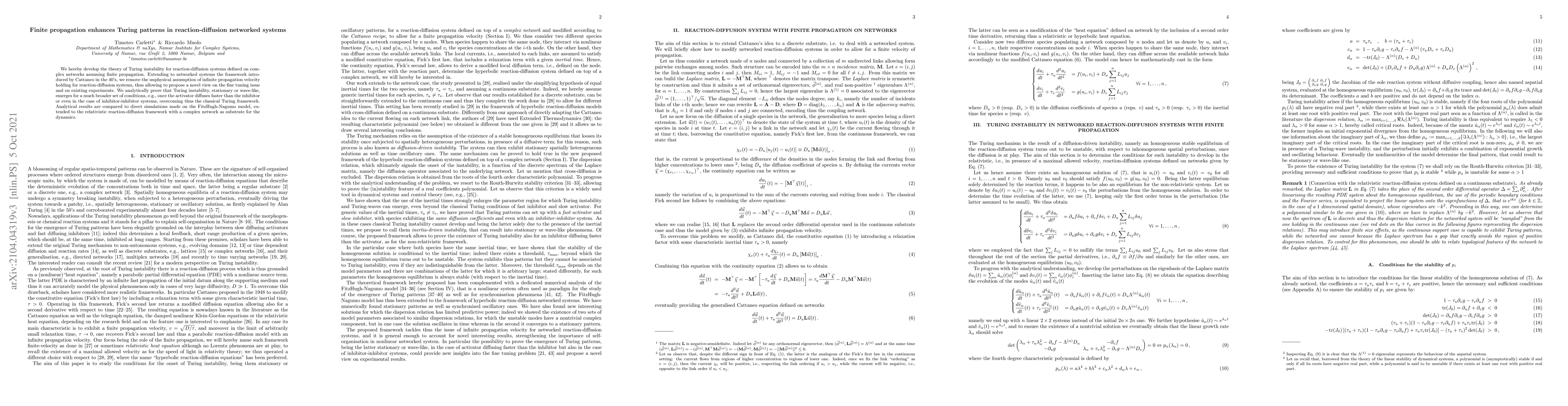 Thumbnail for Finite propagation enhances Turing patterns in reaction-diffusion
  networked systems