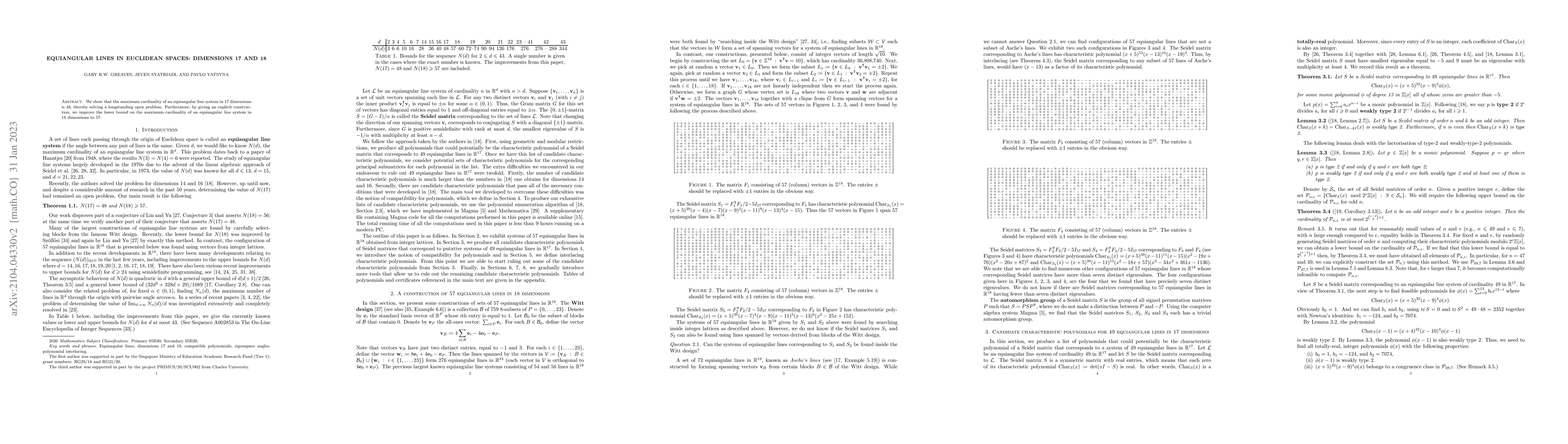Thumbnail for Equiangular lines in Euclidean spaces: dimensions 17 and 18