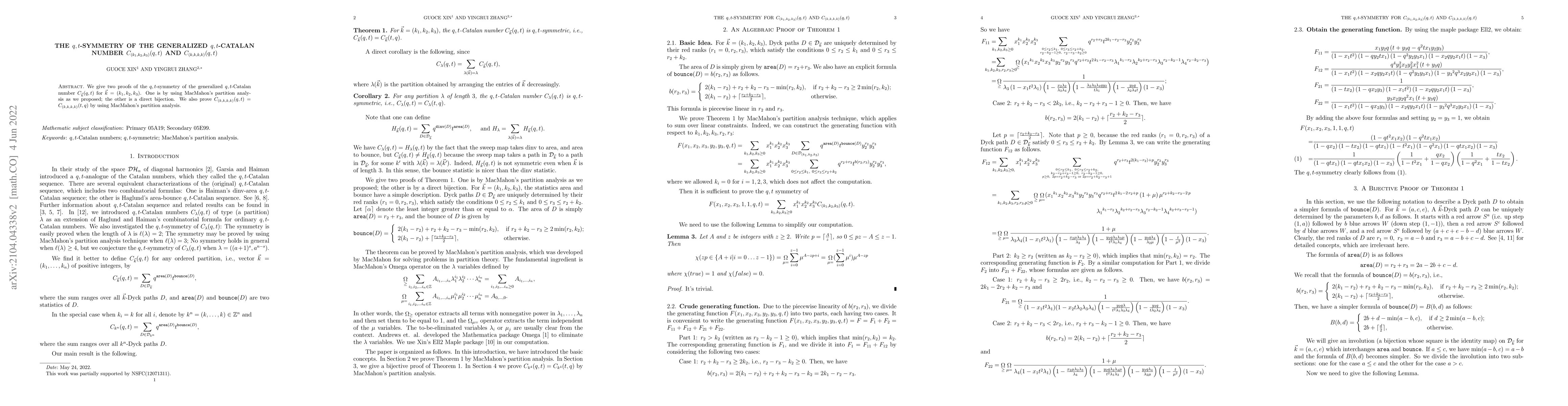 Thumbnail for The $q,t$-symmetry of the generalized $q,t$-Catalan number
  $C_{(k_1,k_2,k_3)}(q,t)$ and $C_{(k,k,k,k)}(q,t)$