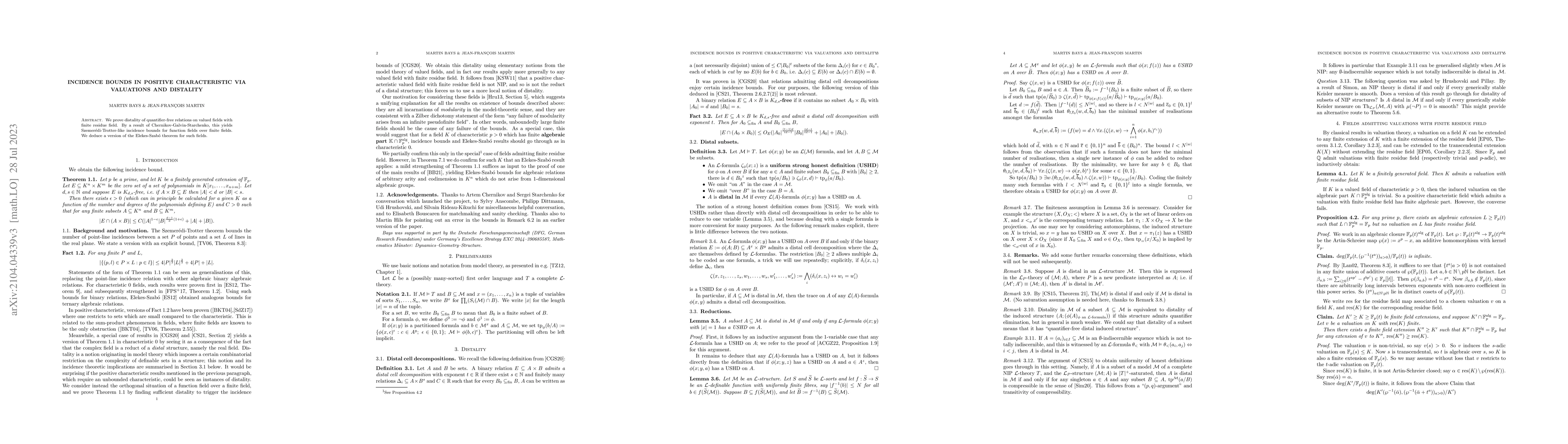 Thumbnail for Incidence bounds in positive characteristic via valuations and distality