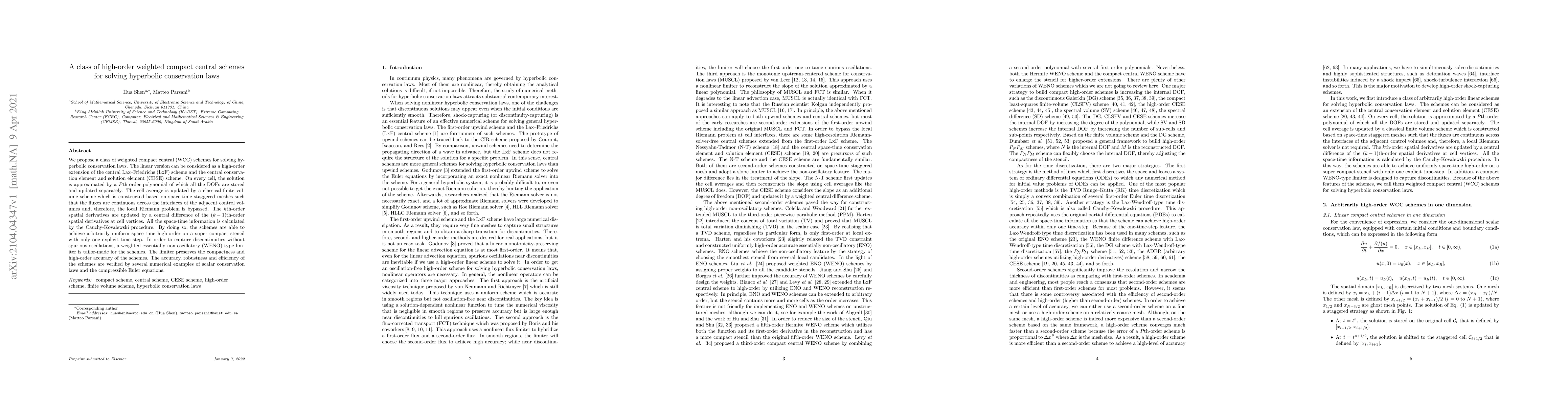 Thumbnail for A class of high-order weighted compact central schemes for solving
  hyperbolic conservation laws