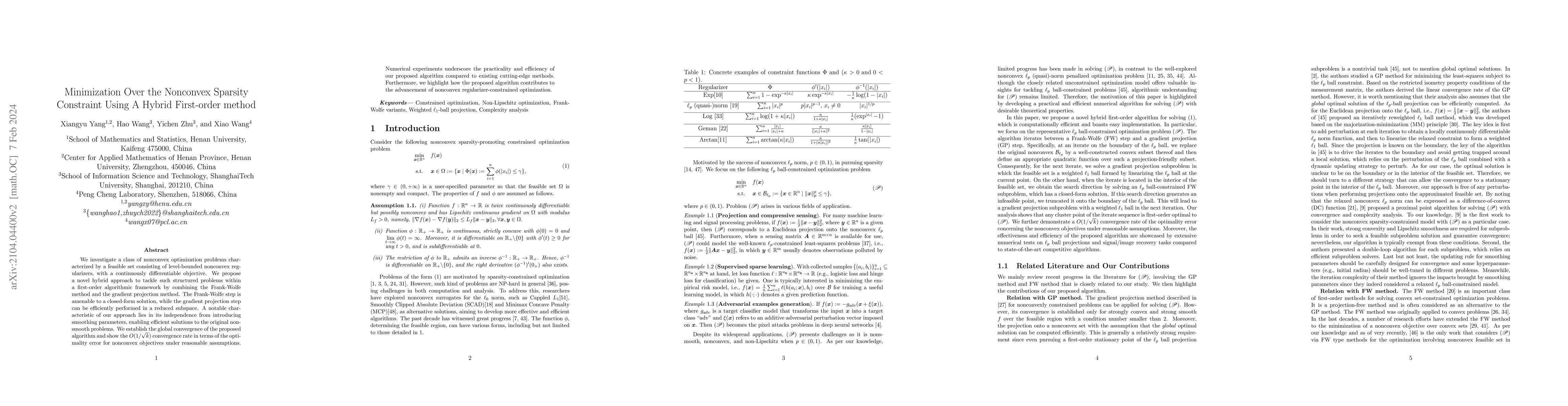 Thumbnail for Minimization Over the Nonconvex Sparsity Constraint Using A Hybrid
  First-order method