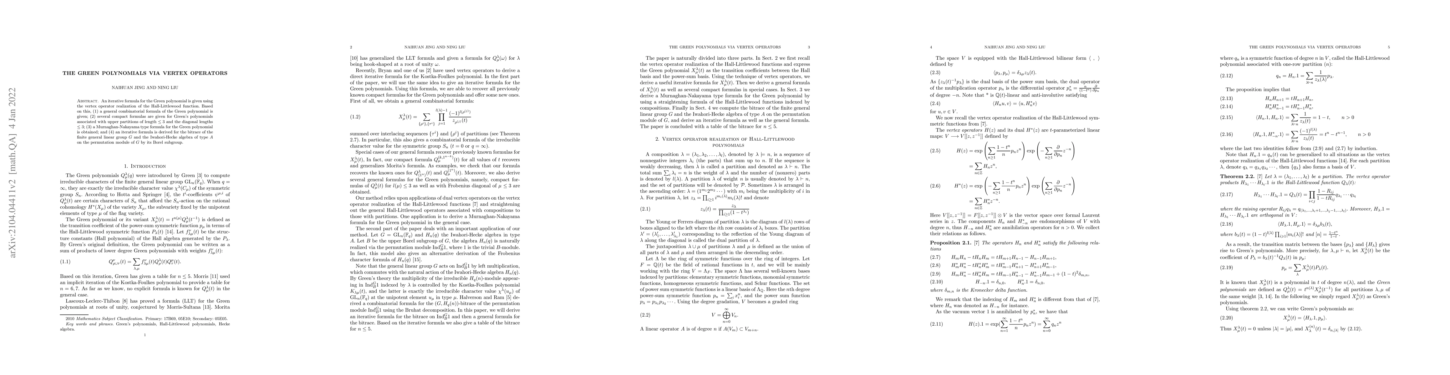 Thumbnail for The Green polynomials via vertex operators
