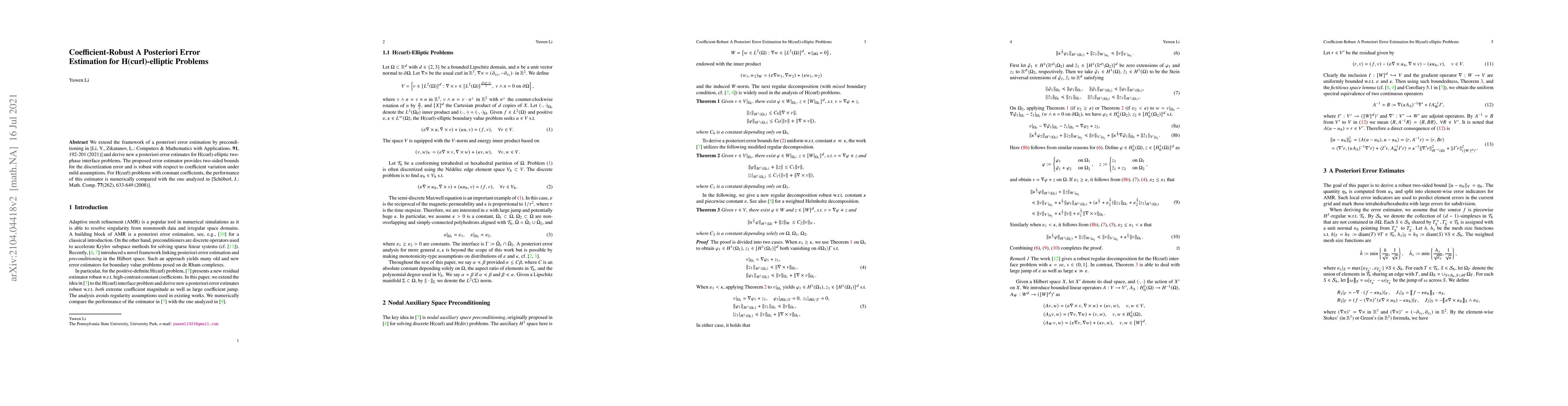 Thumbnail for Coefficient-Robust A Posteriori Error Estimation for H(curl)-elliptic
  Problems
