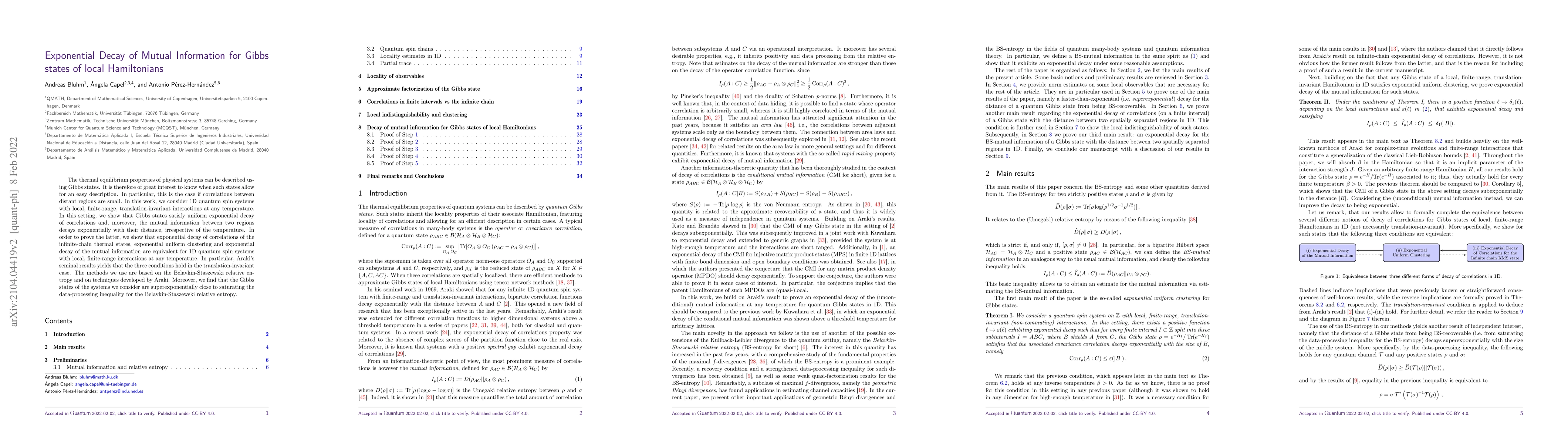 Thumbnail for Exponential decay of mutual information for Gibbs states of local
  Hamiltonians