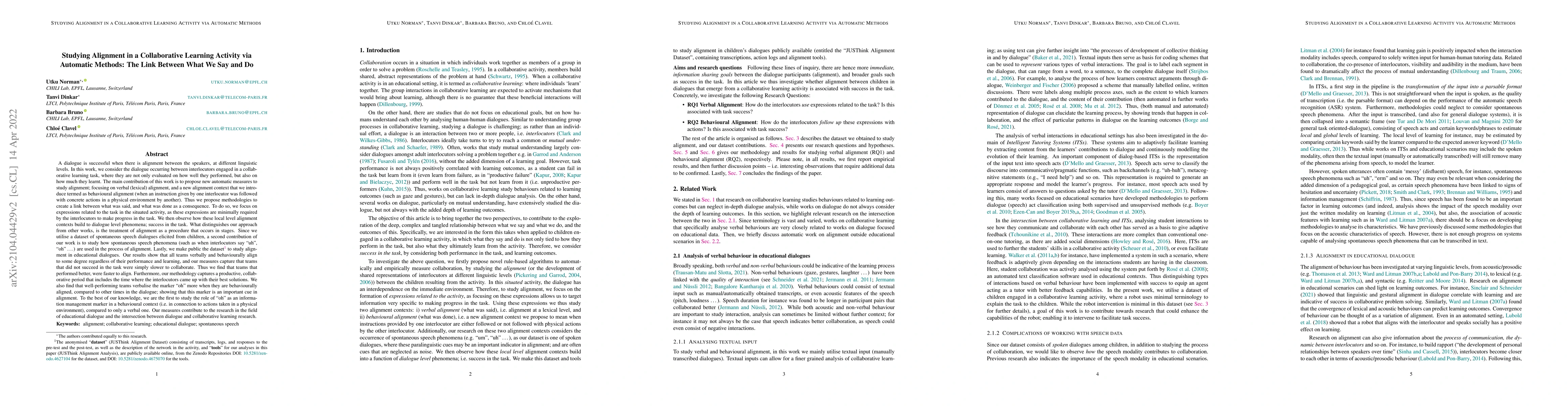 Thumbnail for Studying Alignment in a Collaborative Learning Activity via Automatic
  Methods: The Link Between What We Say and Do