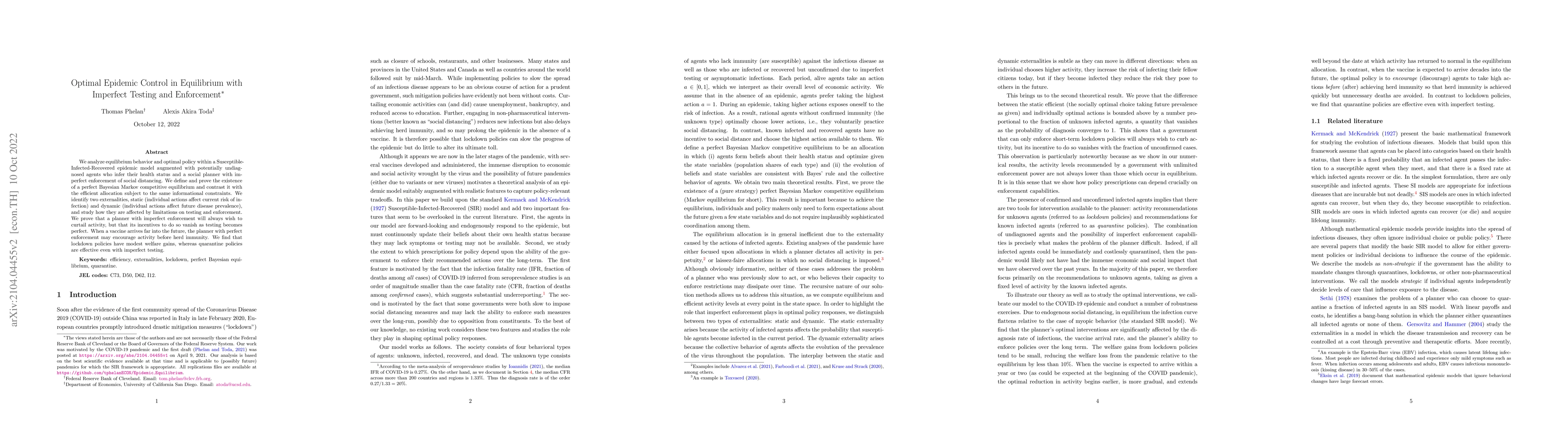 Thumbnail for Optimal Epidemic Control in Equilibrium with Imperfect Testing and
  Enforcement