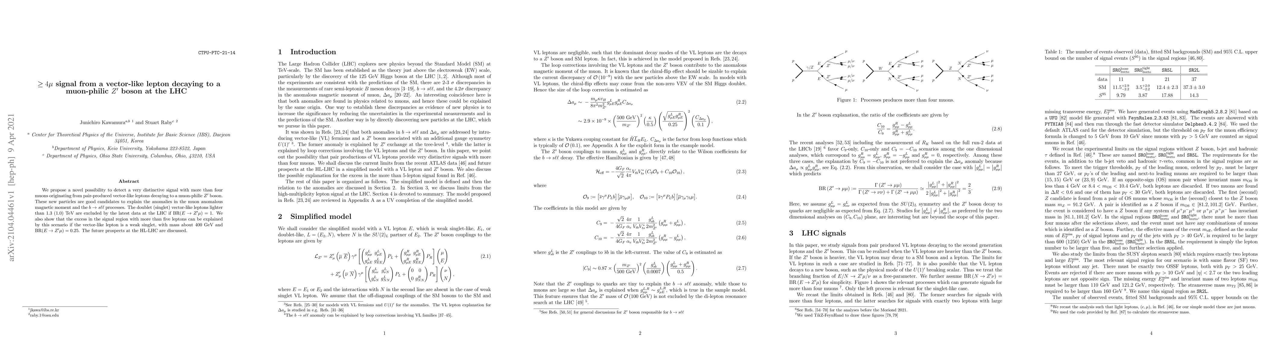 Thumbnail for $\ge 4 \mu$ signal from a vector-like lepton decaying to a muon-philic
  $Z^\prime$ boson at the LHC