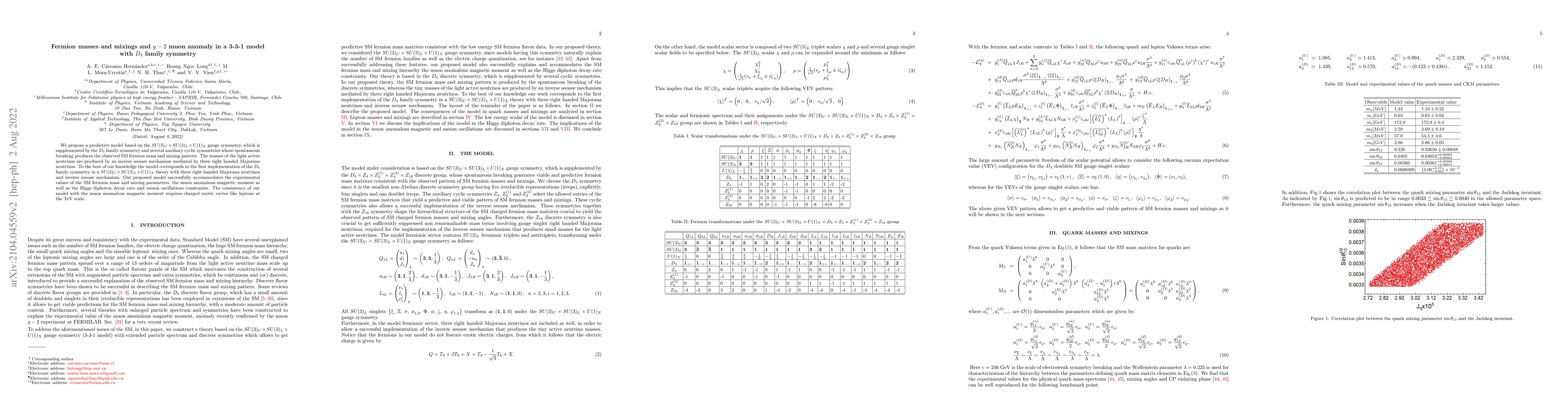Thumbnail for Fermion masses and mixings and $g-2$ muon anomaly in a 3-3-1 model with
  $D_4$ family symmetry