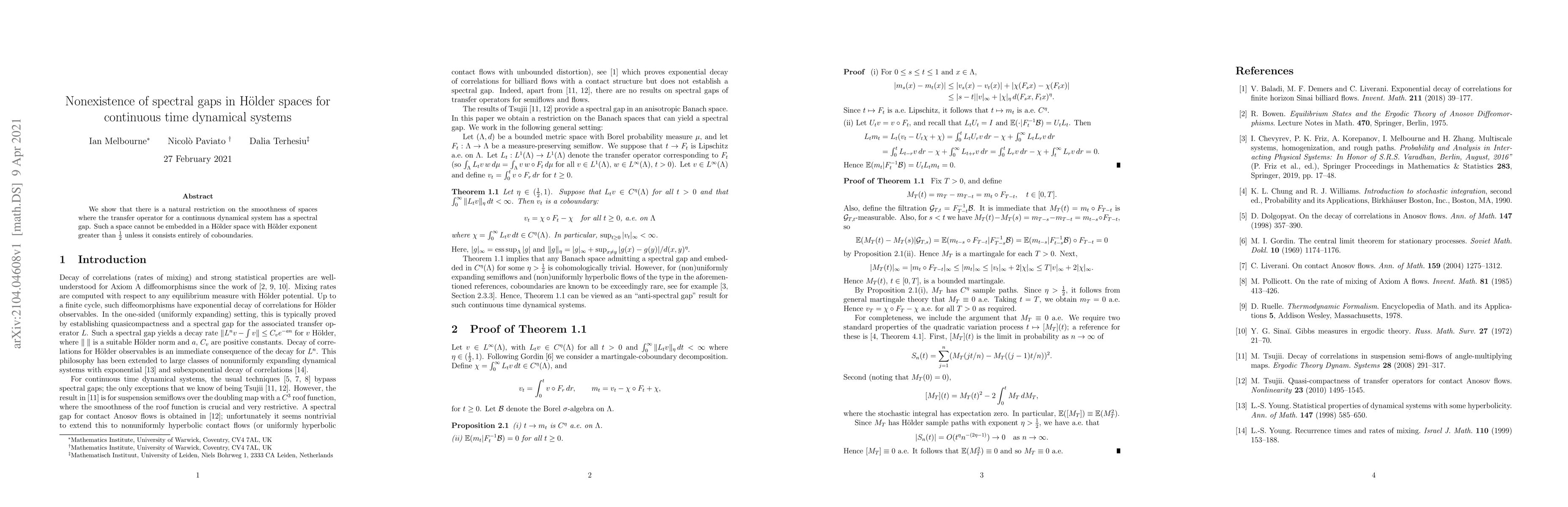 Thumbnail for Nonexistence of spectral gaps in H\"older spaces for continuous time
  dynamical systems