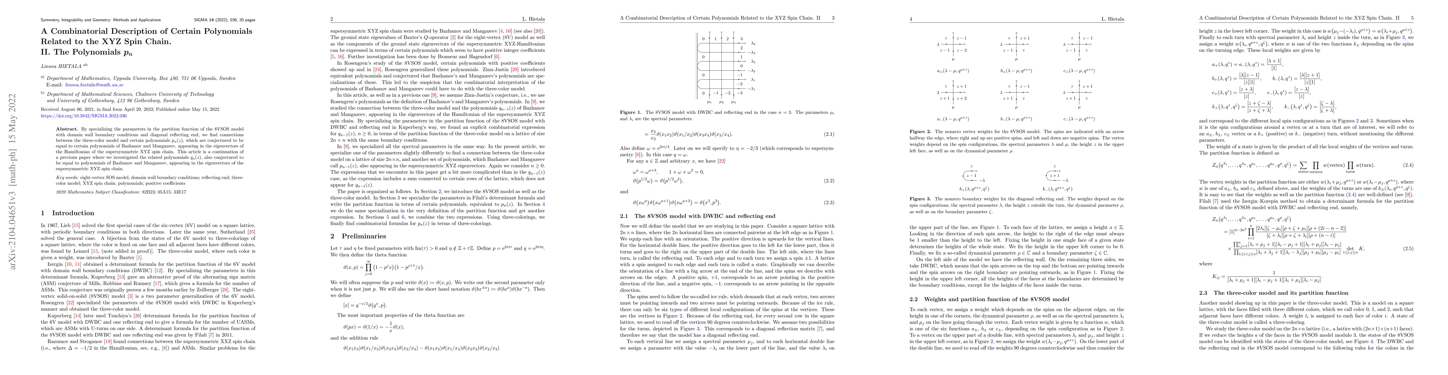 Thumbnail for A Combinatorial Description of Certain Polynomials Related to the XYZ
  Spin Chain. II. The Polynomials $p_n$