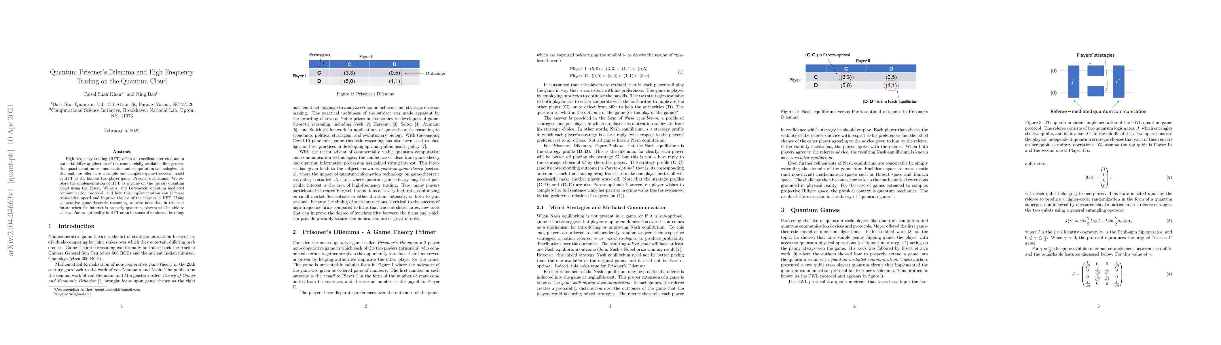 Thumbnail for Quantum Prisoner's Dilemma and High Frequency Trading on the Quantum
  Cloud