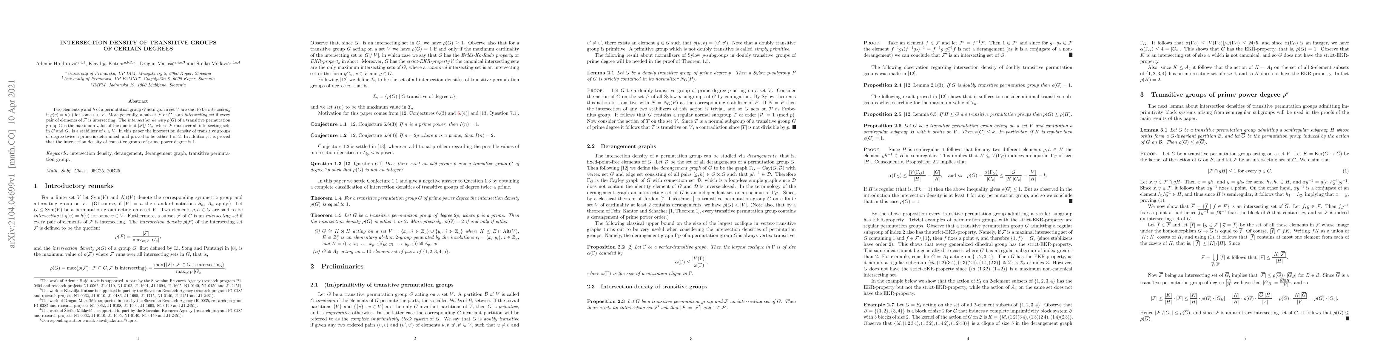 Thumbnail for Intersection density of transitive groups of certain degrees