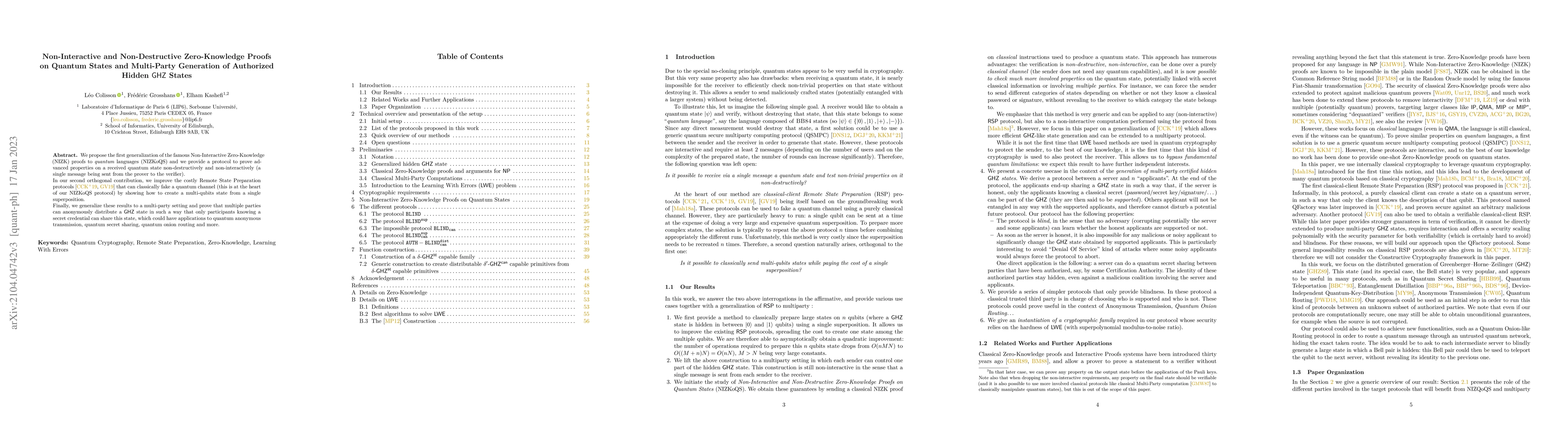 Thumbnail for Non-Destructive Zero-Knowledge Proofs on Quantum States, and Multi-Party
  Generation of Authorized Hidden GHZ States