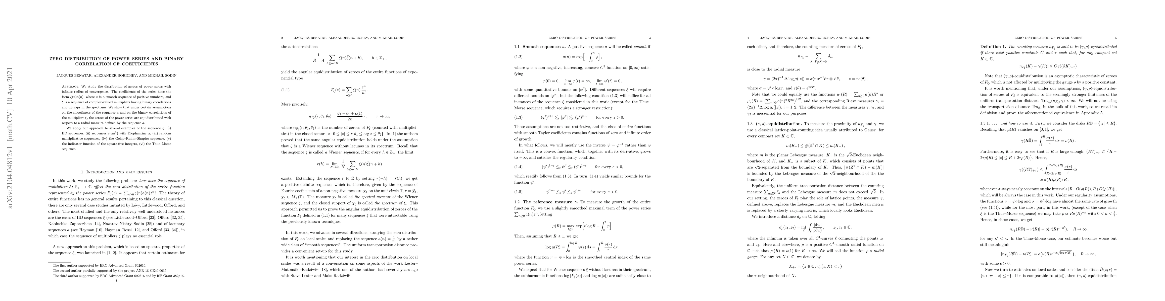 Thumbnail for Zero distribution of power series and binary correlation of coefficients