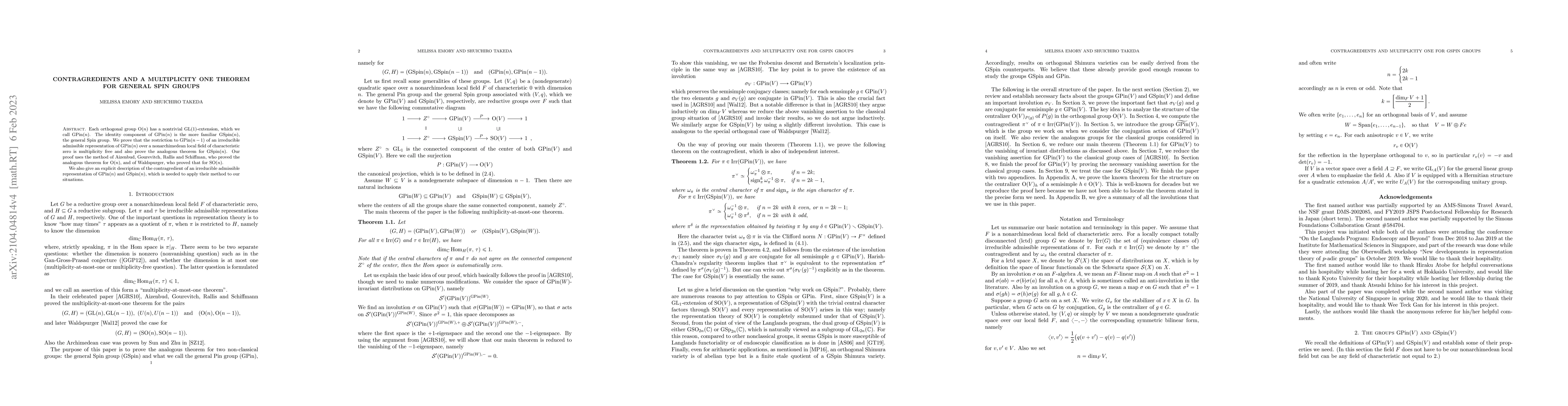 Thumbnail for Contragredients and a multiplicity one theorem for general Spin groups