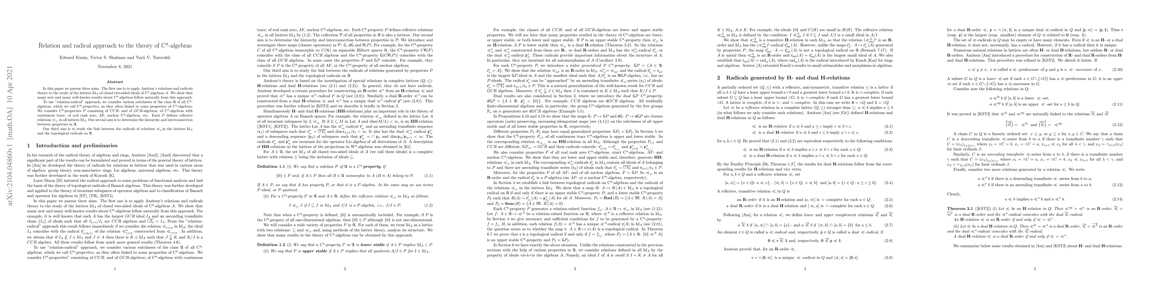 Thumbnail for Relation and radical approach to the theory of C*-algebras
