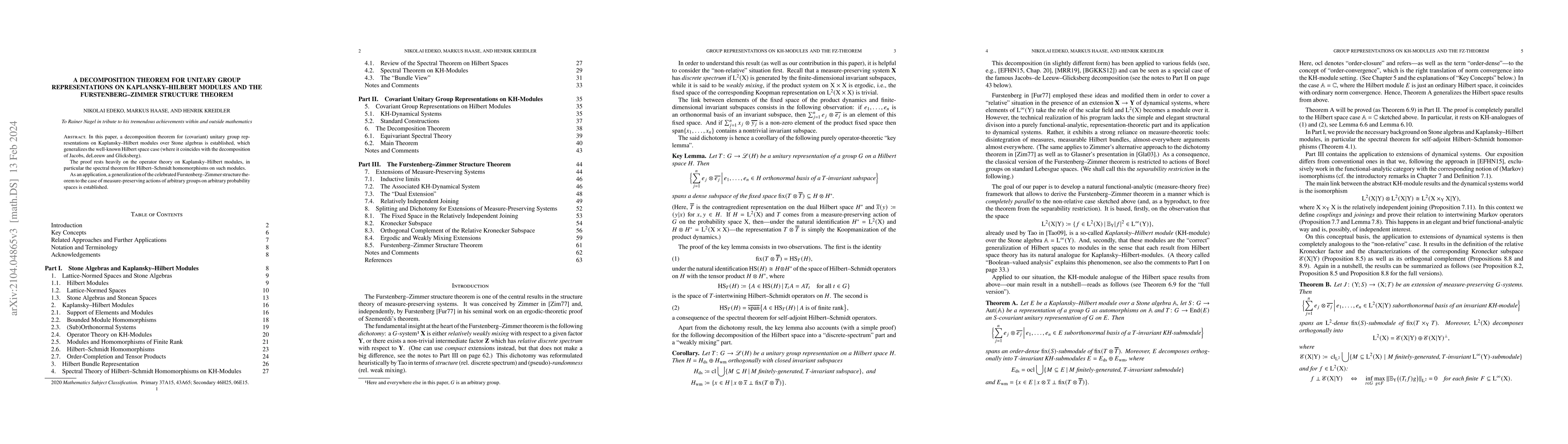 Thumbnail for A Decomposition Theorem for Unitary Group Representations on
  Kaplansky-Hilbert Modules and the Furstenberg-Zimmer Structure Theorem