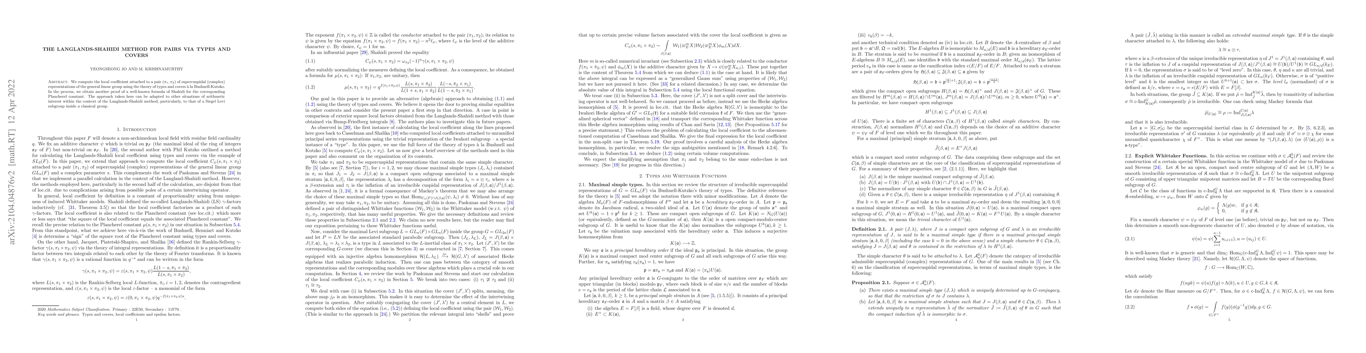 Thumbnail for The Langlands-Shahidi method for pairs via types and covers