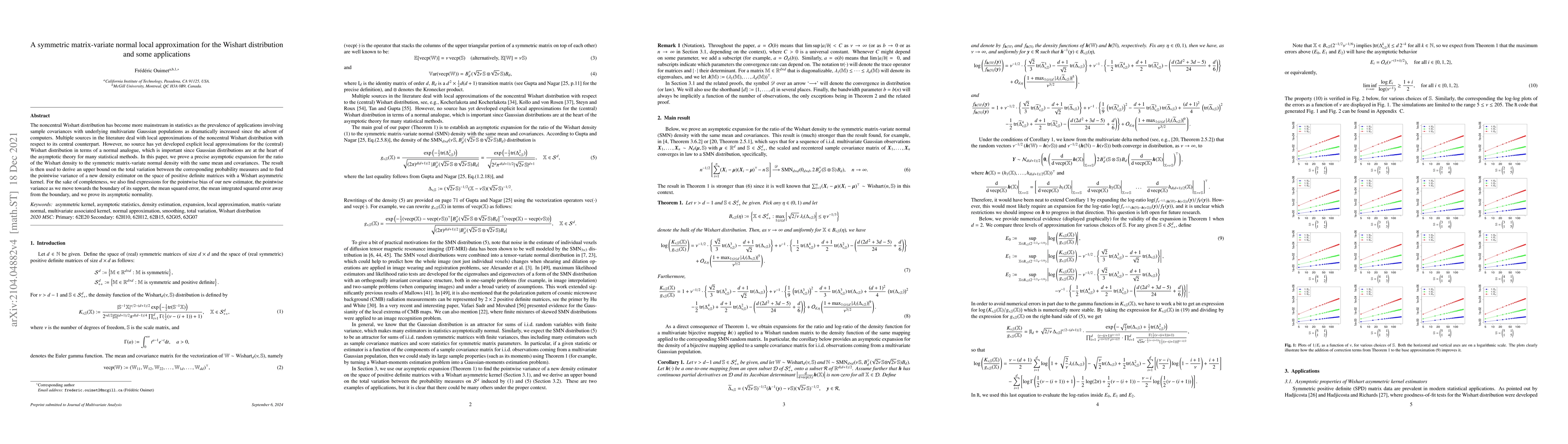 Thumbnail for A symmetric matrix-variate normal local approximation for the Wishart
  distribution and some applications