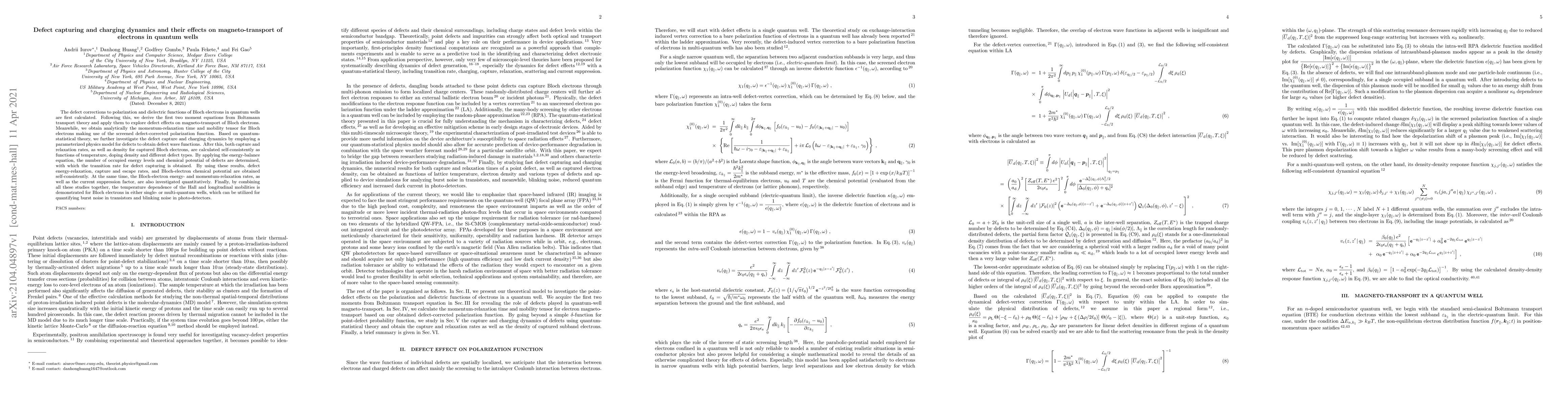 Thumbnail for Defect capturing and charging dynamics and their effects on
  magneto-transport of electrons in quantum wells