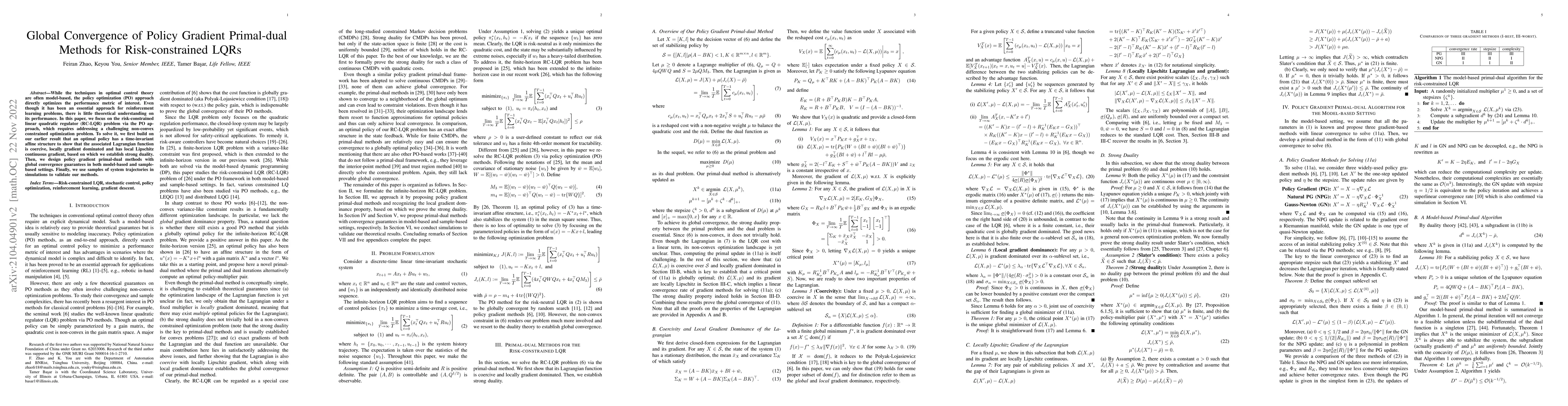Thumbnail for Global Convergence of Policy Gradient Primal-dual Methods for
  Risk-constrained LQRs
