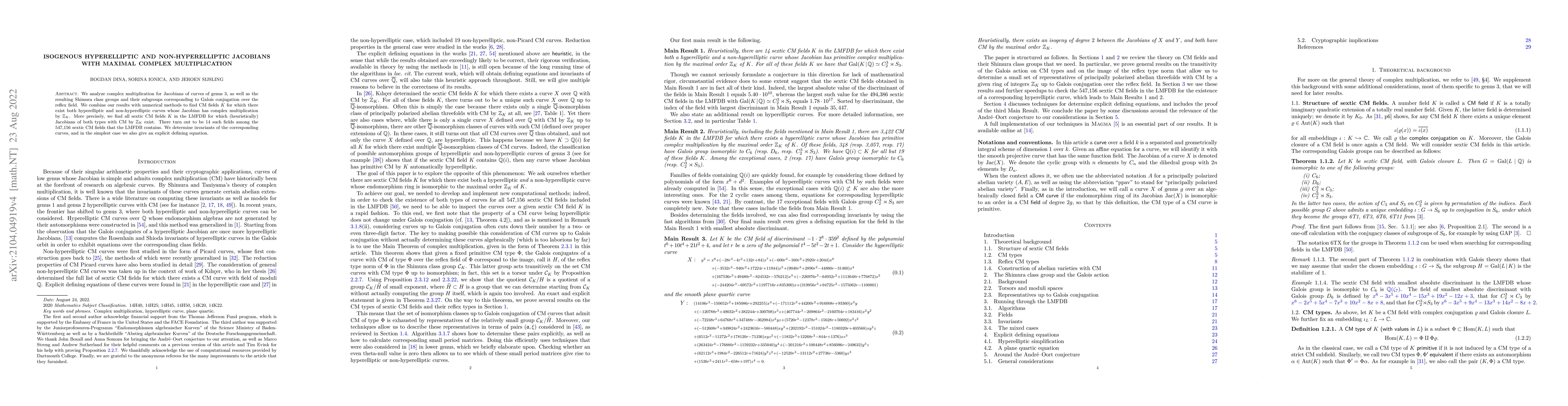 Thumbnail for Isogenous hyperelliptic and non-hyperelliptic Jacobians with maximal
  complex multiplication