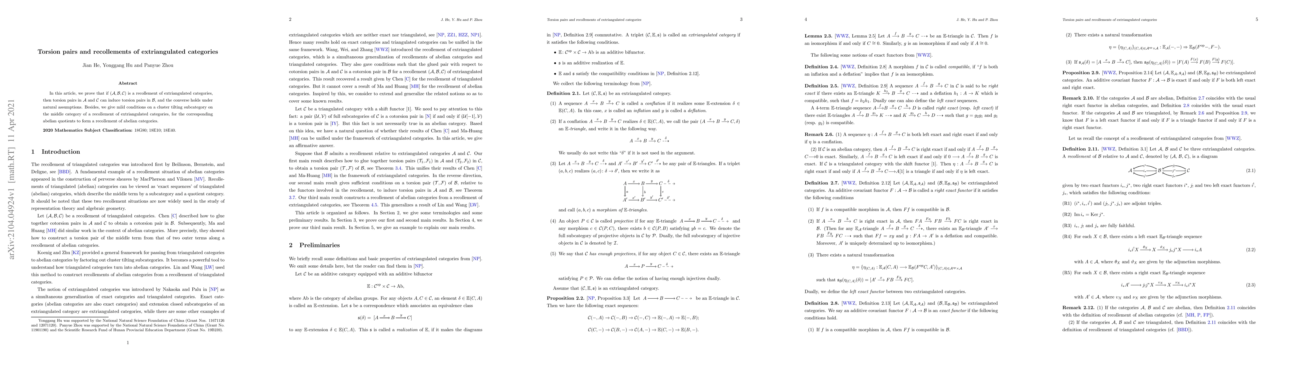 Thumbnail for Torsion pairs and recollements of extriangulated categories