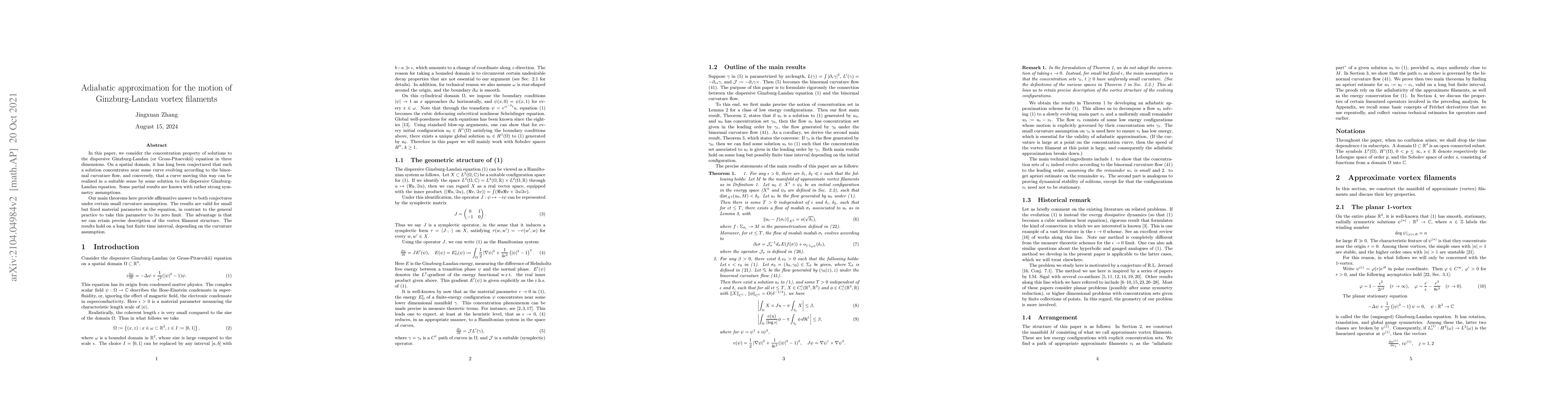 Thumbnail for Adiabatic approximation for the motion of Ginzburg-Landau vortex
  filament