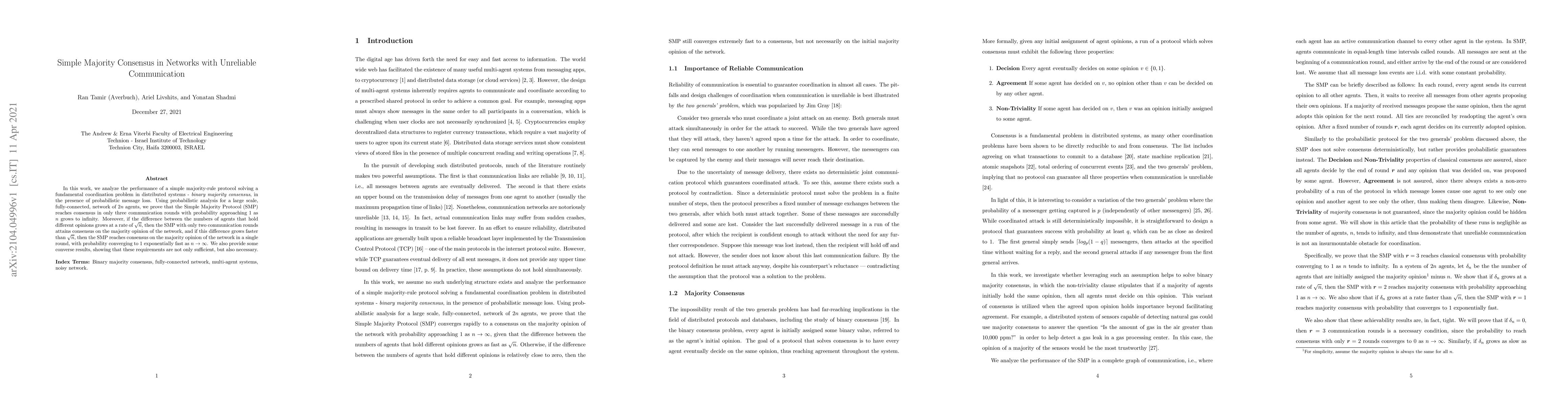 Thumbnail for Simple Majority Consensus in Networks with Unreliable Communication