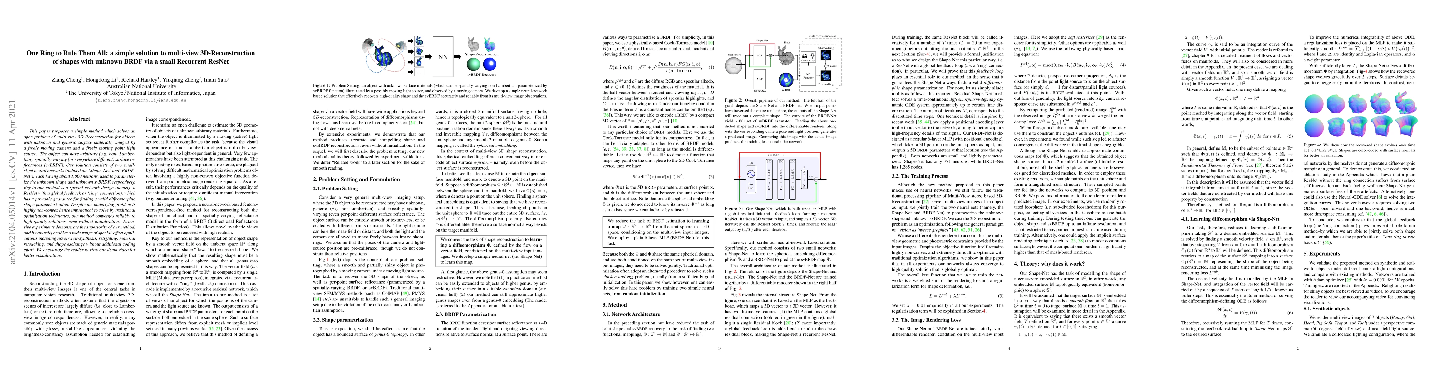 Thumbnail for One Ring to Rule Them All: a simple solution to multi-view
  3D-Reconstruction of shapes with unknown BRDF via a small Recurrent ResNet
