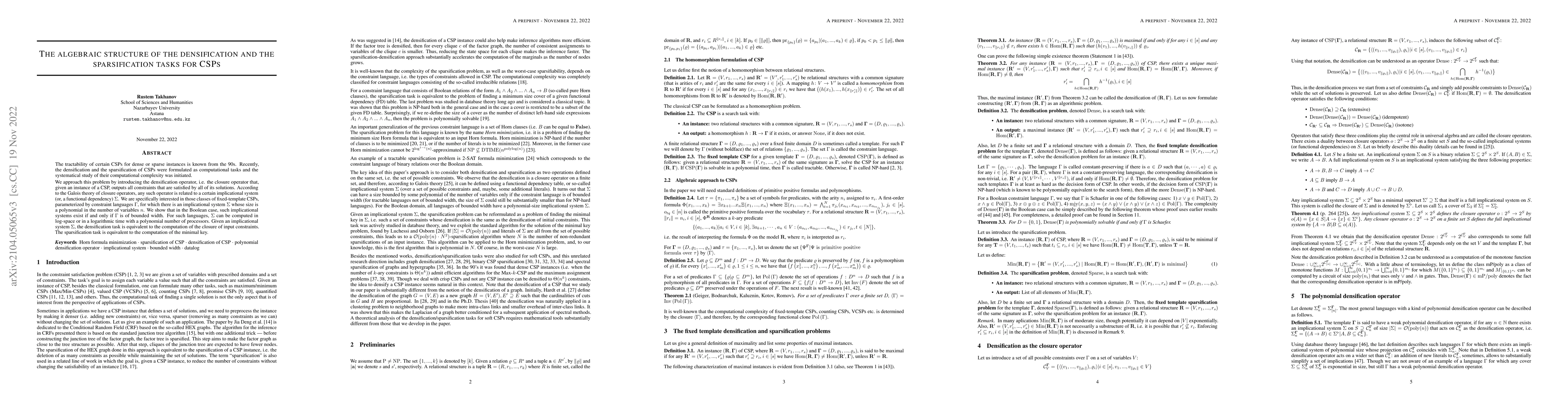 Thumbnail for The algebraic structure of the densification and the sparsification
  tasks for CSPs
