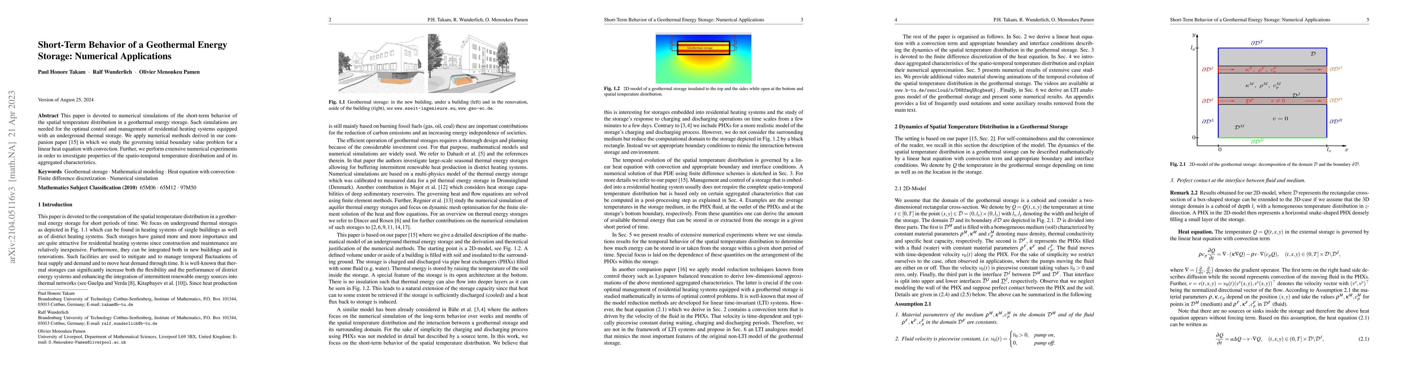 Thumbnail for Short-Term Behavior of a Geothermal Energy Storage: Numerical
  Applications