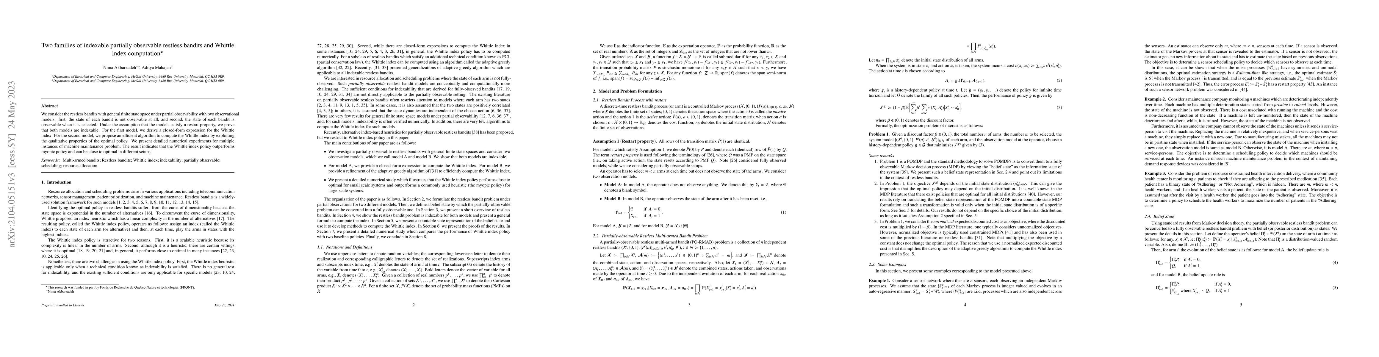 Thumbnail for Two families of indexable partially observable restless bandits and
  Whittle index computation