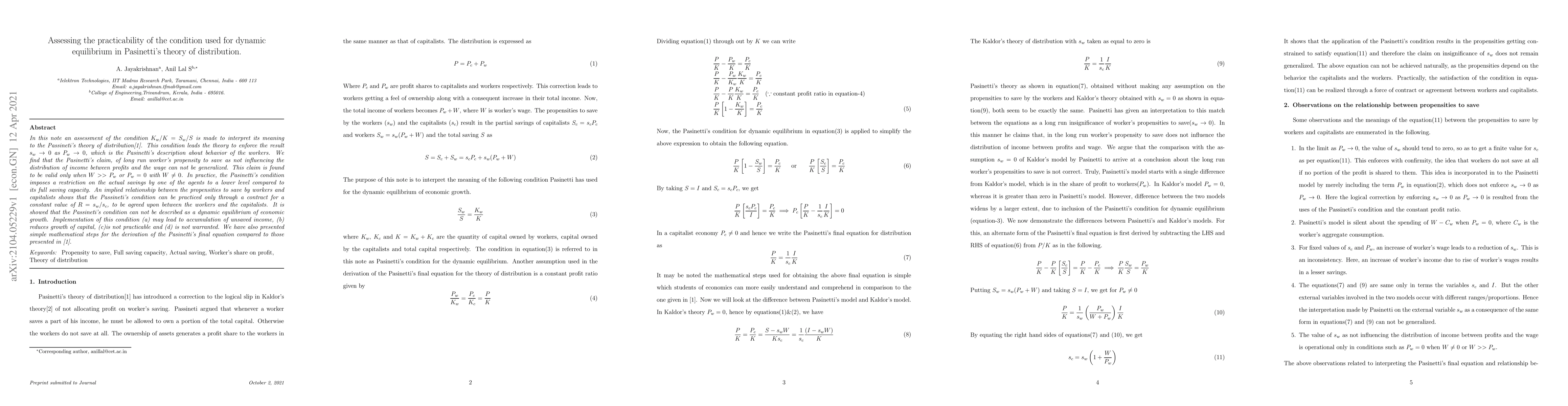 Thumbnail for Assessing the practicability of the condition used for dynamic
  equilibrium in Pasinetti theory of distribution