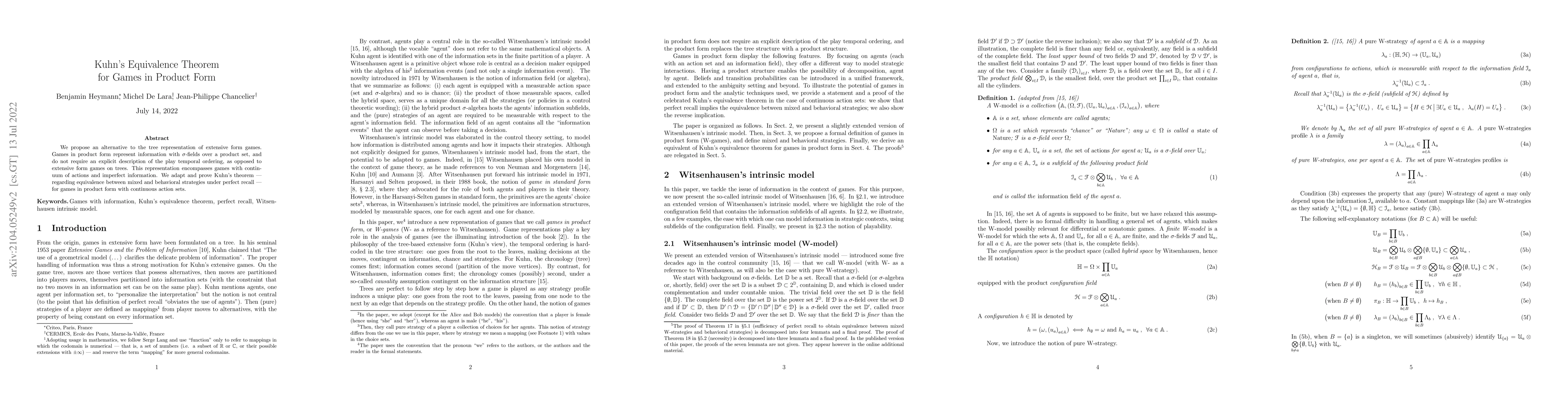 Thumbnail for Kuhn's Equivalence Theorem for Games in Product Form