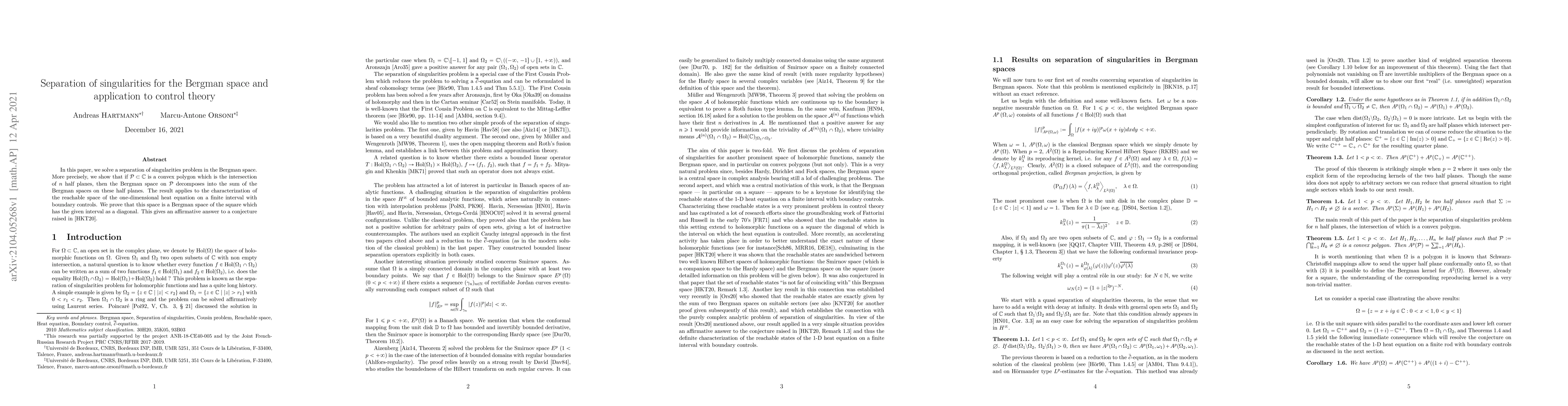 Thumbnail for Separation of singularities for the Bergman space and application to
  control theory