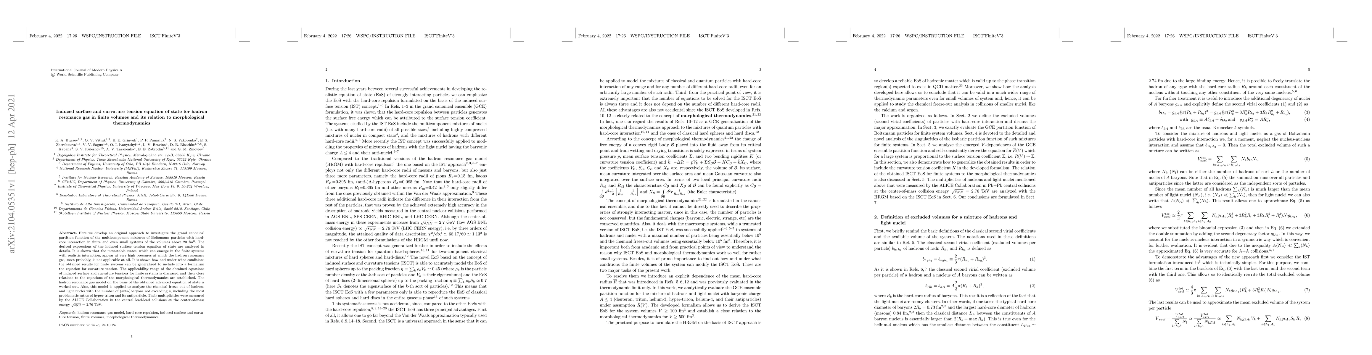 Thumbnail for Induced surface and curvature tension equation of state for hadron
  resonance gas in finite volumes and its relation to morphological
  thermodynamics