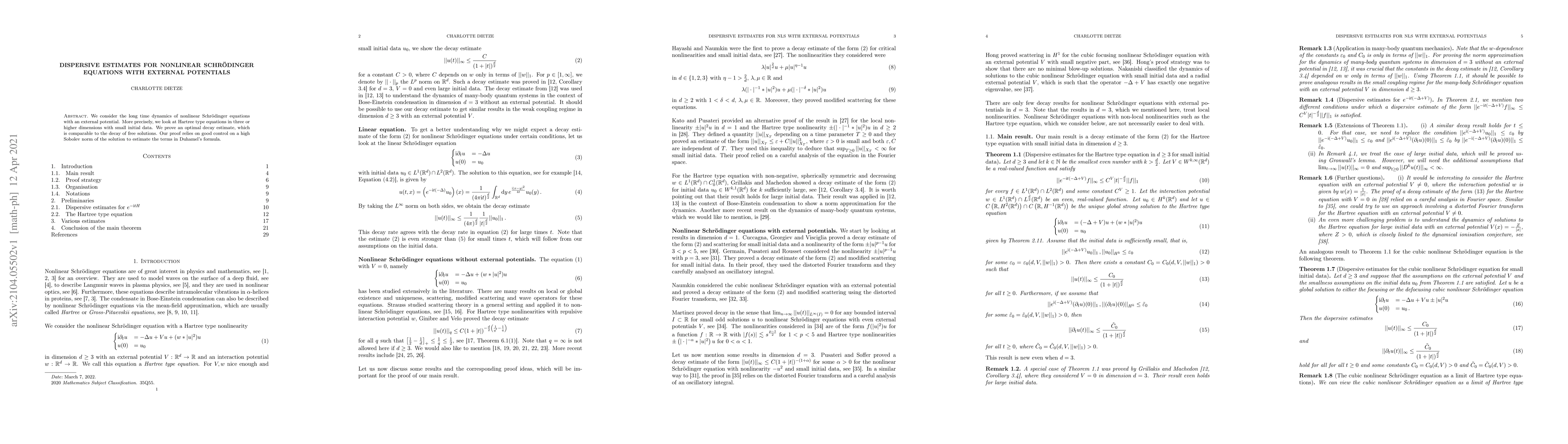 Thumbnail for Dispersive Estimates for Nonlinear Schr\"odinger Equations with External
  Potentials