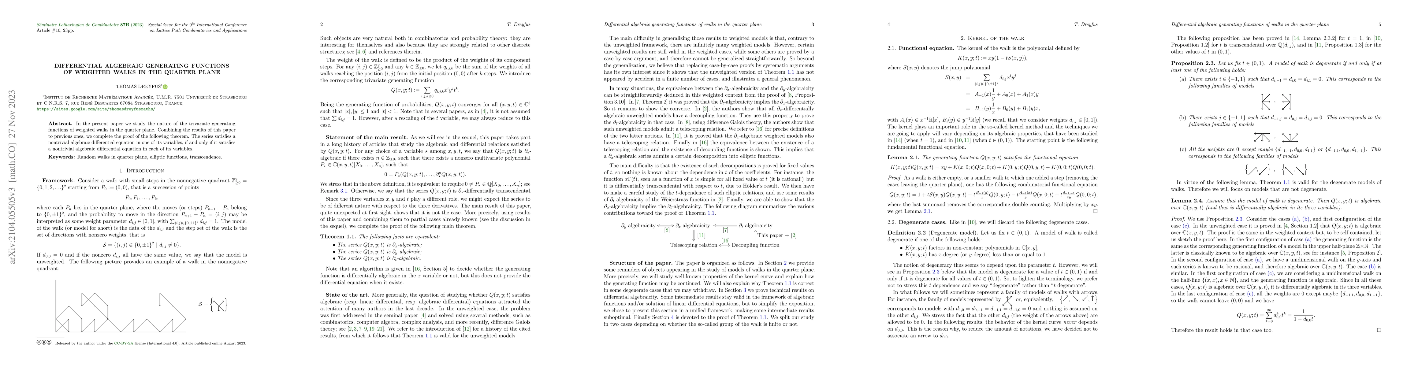 Thumbnail for Differential algebraic generating series of weighted walks in the
  quarter plane