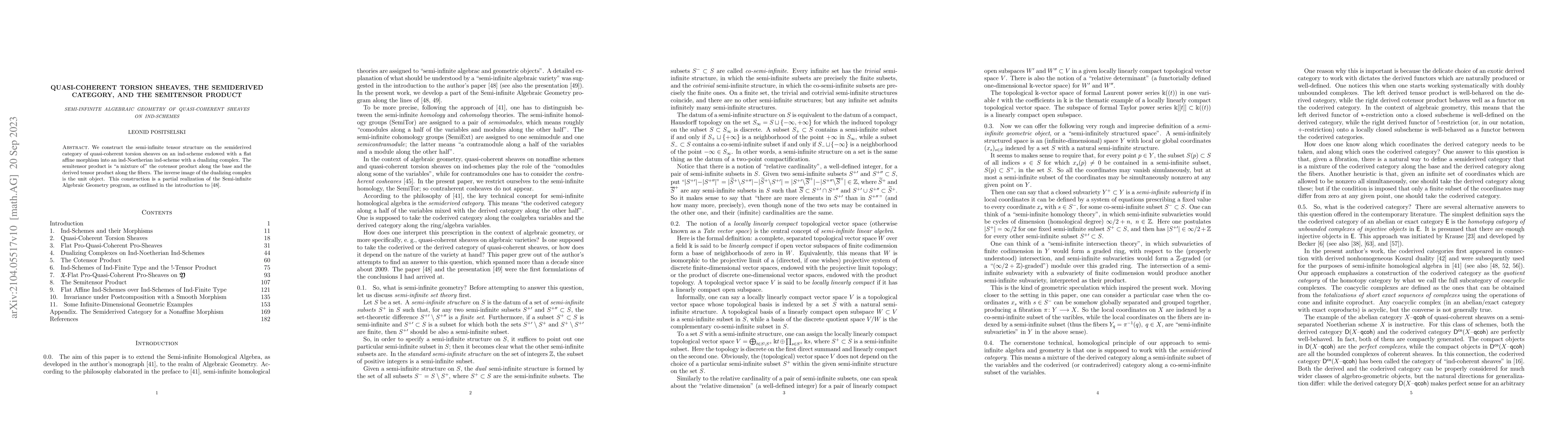Thumbnail for Quasi-coherent torsion sheaves, the semiderived category, and the
  semitensor product: Semi-infinite algebraic geometry of quasi-coherent
  sheaves on ind-schemes