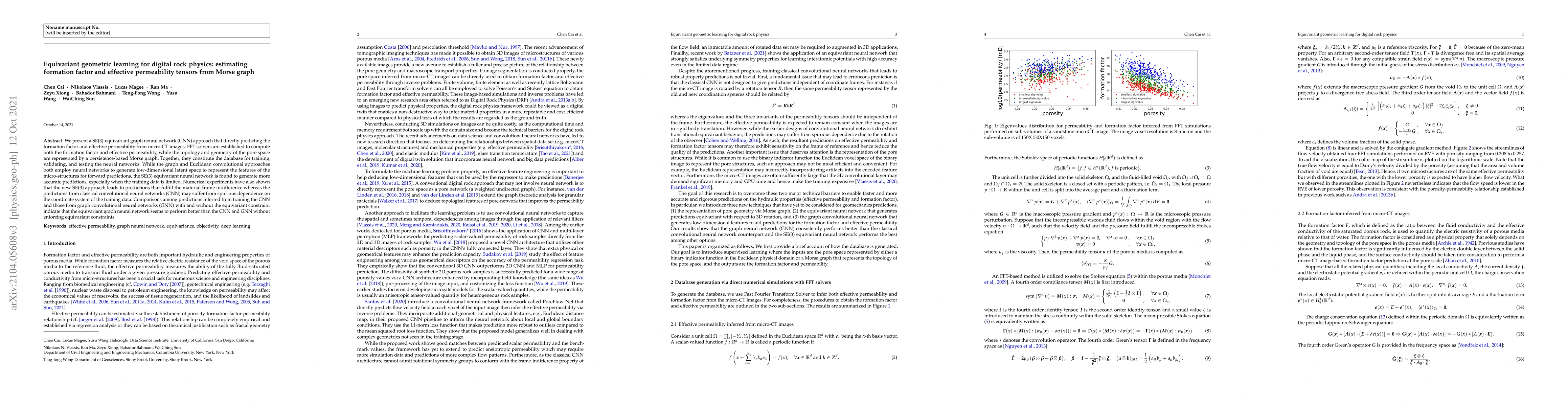 Thumbnail for Equivariant geometric learning for digital rock physics: estimating
  formation factor and effective permeability tensors from Morse graph