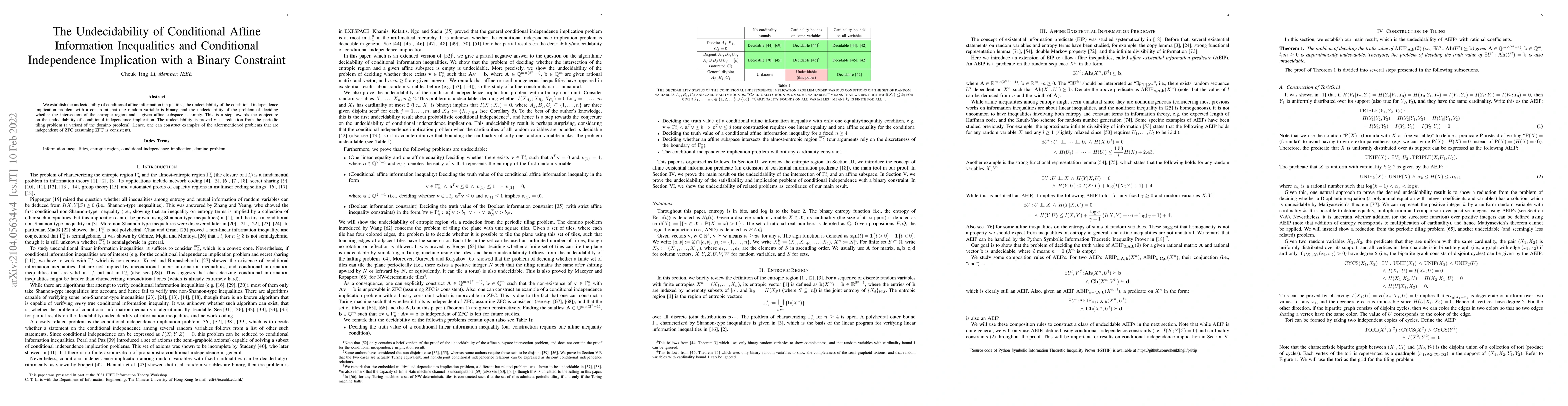 Thumbnail for The Undecidability of Conditional Affine Information Inequalities and
  Conditional Independence Implication with a Binary Constraint