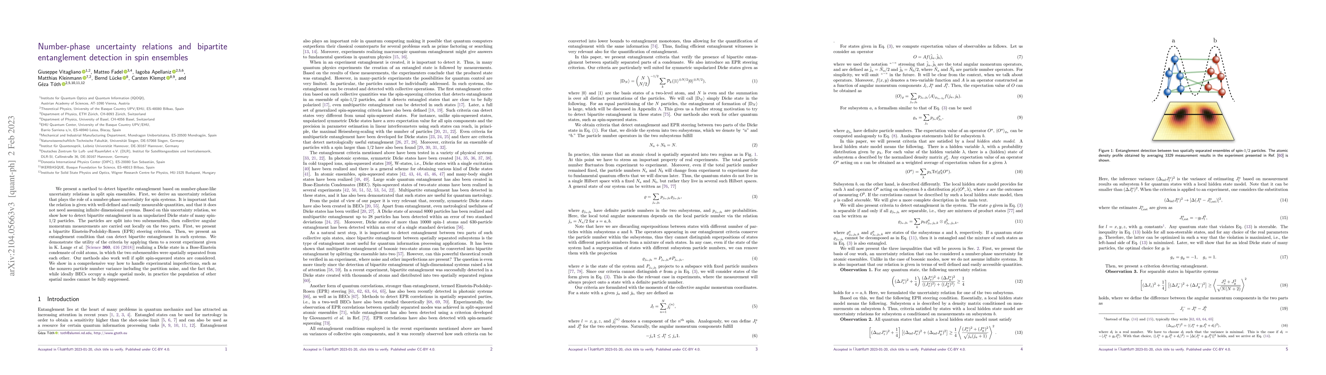 Thumbnail for Number-phase uncertainty relations and bipartite entanglement detection
  in spin ensembles