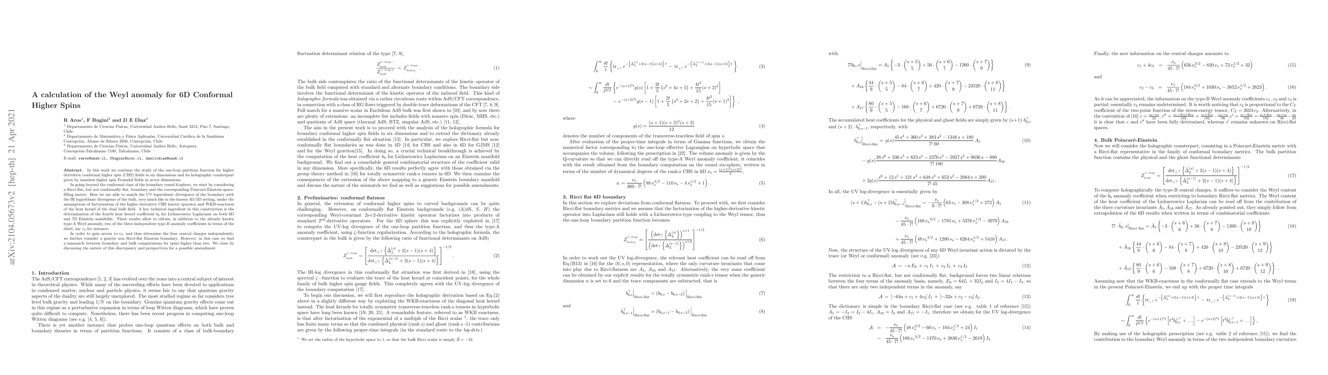Thumbnail for A calculation of the Weyl anomaly for 6D Conformal Higher Spins