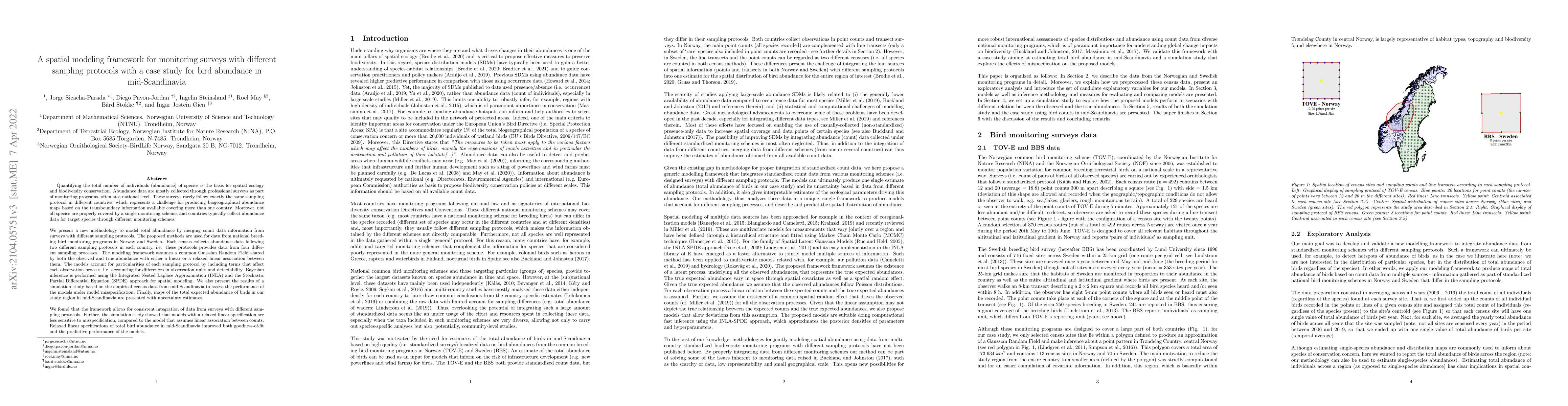 Thumbnail for A spatial modeling framework for monitoring surveys with different
  sampling protocols with a case study for bird abundance in mid-Scandinavia