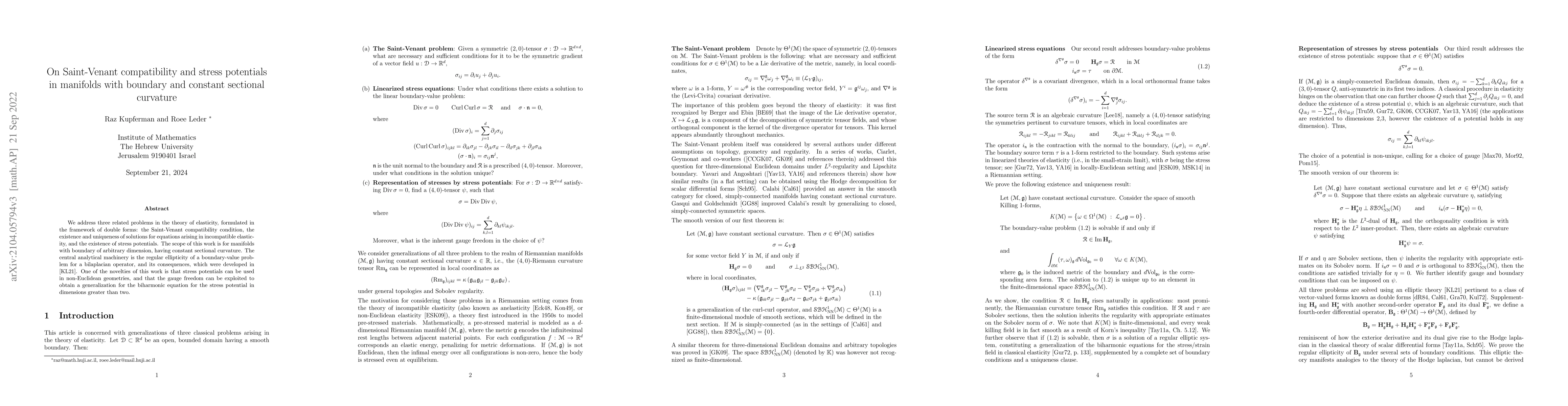 Thumbnail for On Saint-Venant compatibility and stress potentials in manifolds with
  boundary and constant sectional curvature