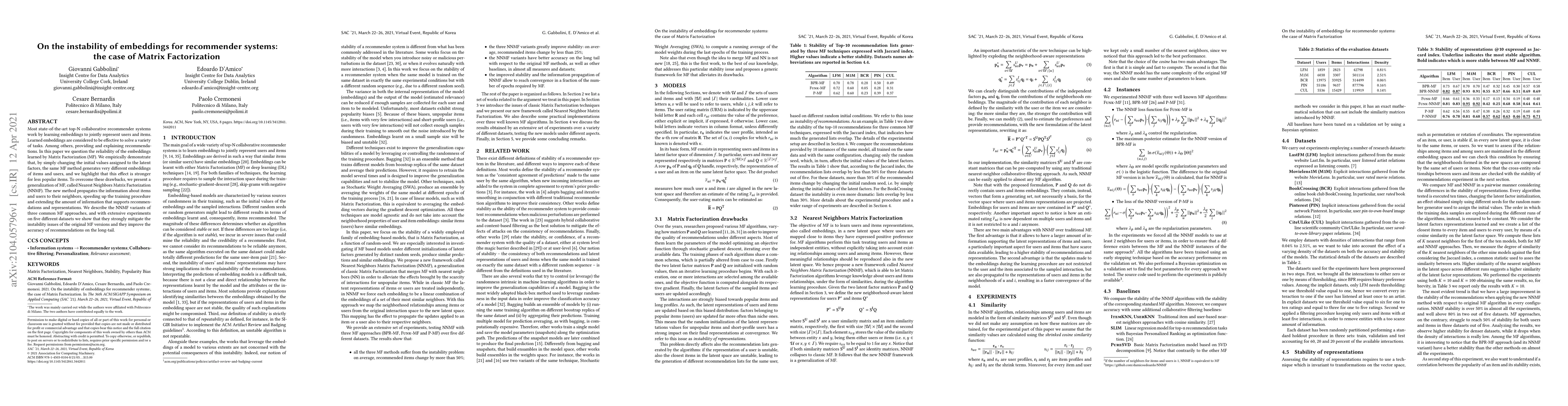 Thumbnail for On the instability of embeddings for recommender systems: the case of
  Matrix Factorization