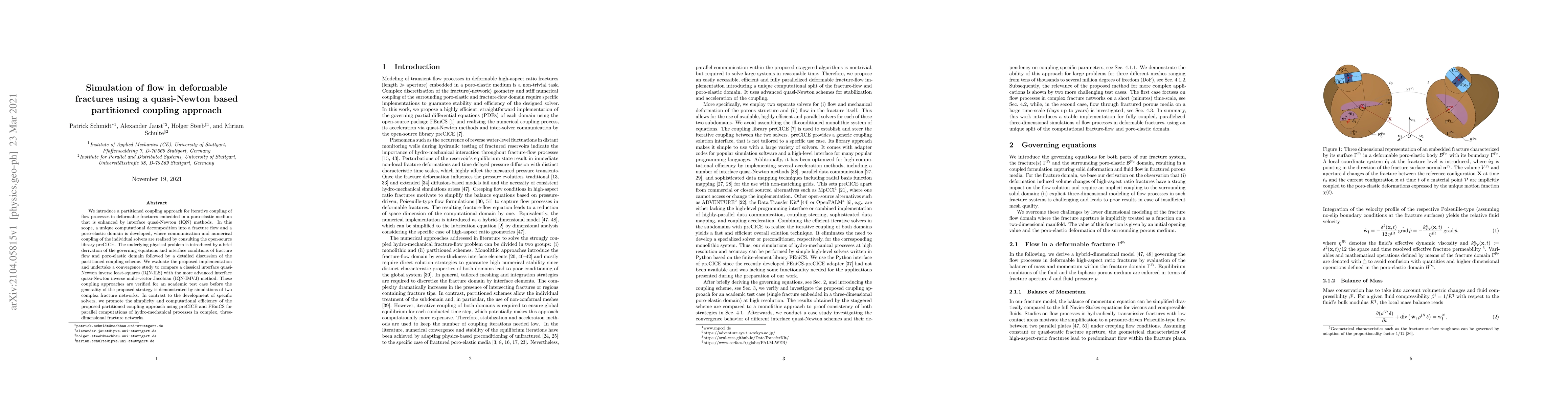 Thumbnail for Simulation of flow in deformable fractures using a quasi-Newton based
  partitioned coupling approach