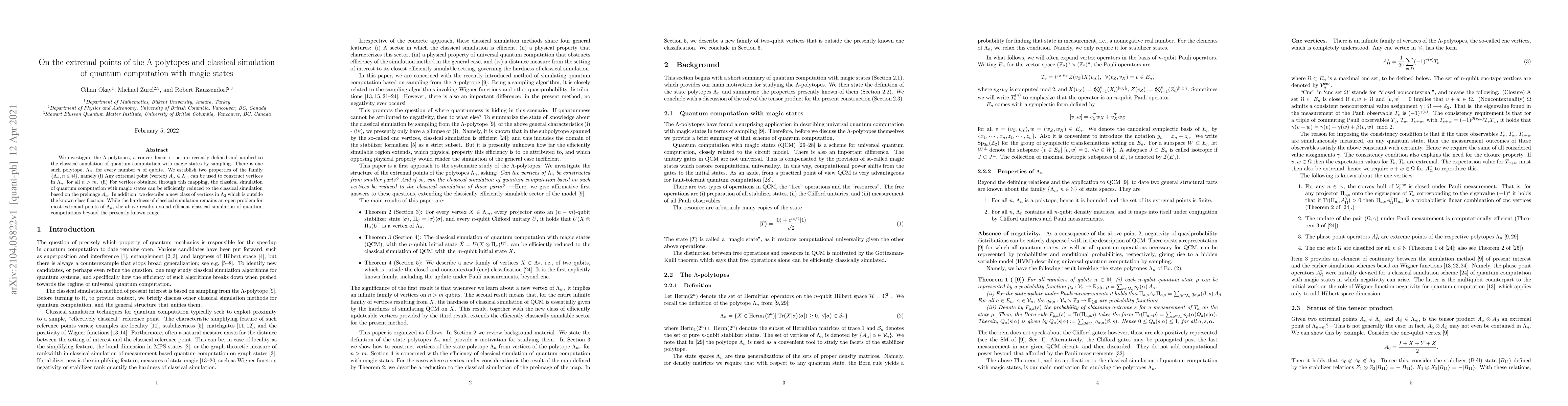 Thumbnail for On the extremal points of the $\Lambda$-polytopes and classical
  simulation of quantum computation with magic states